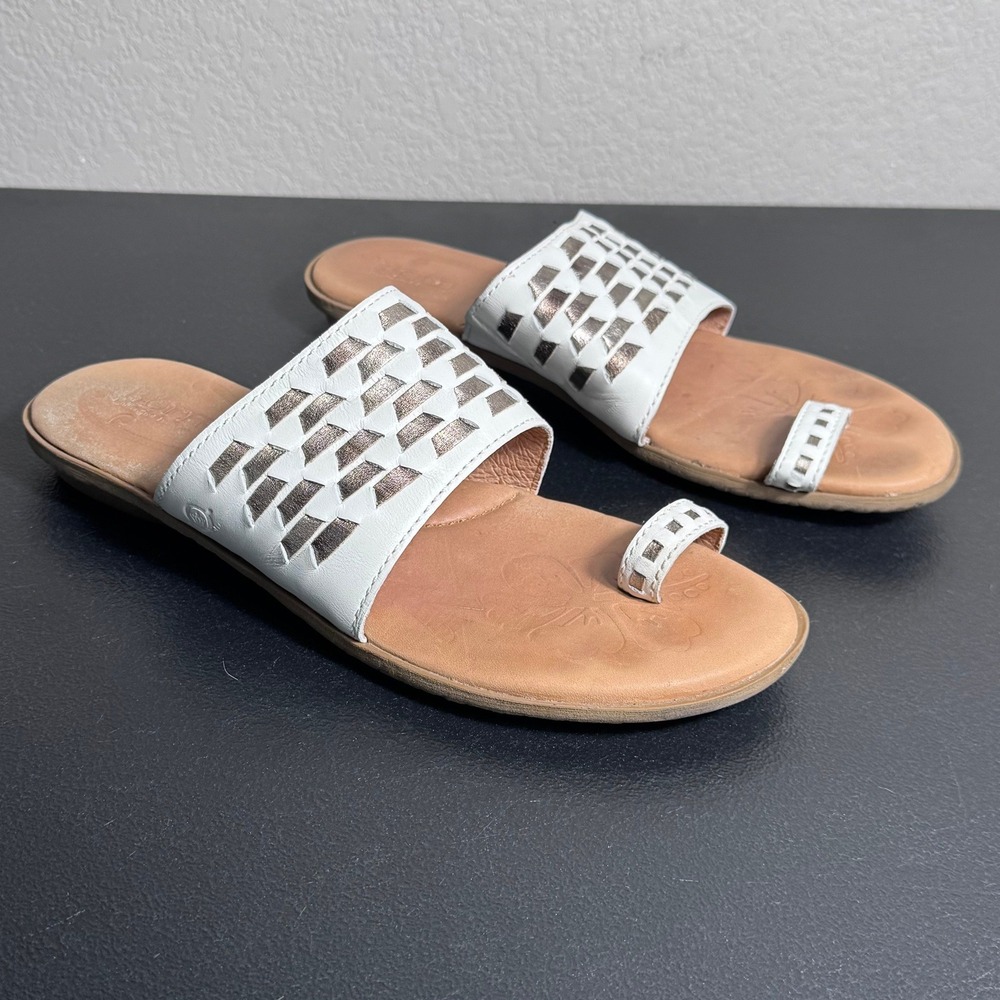 Born Womens White Leather Toe Loop Slide Sandals Metallic Cutout Flat Size 9 - Picture 4 of 9